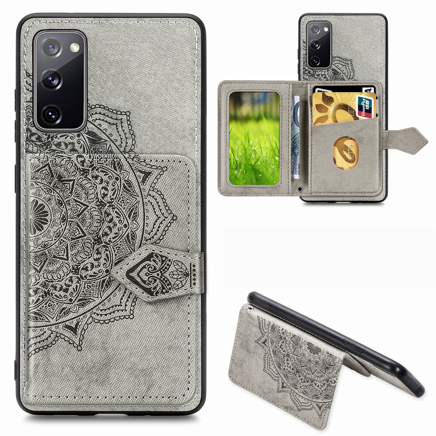 Card Slot Design PU Leather Coated TPU Phone Case with Kickstand and Strap for Samsung Galaxy S20 FE 4G/FE 5G/S20 Lite/S20 FE 2022  - Grey