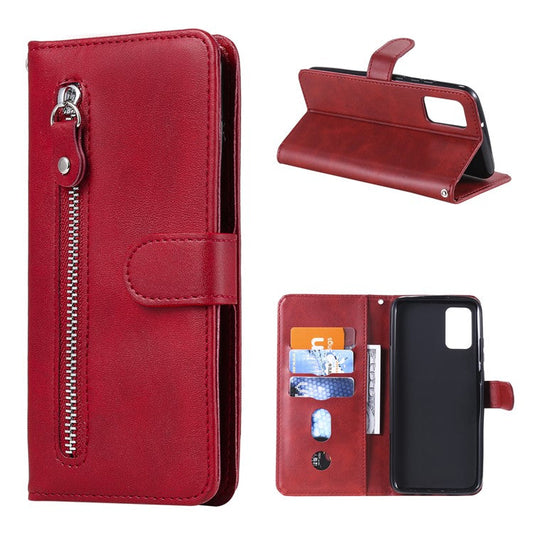 Zipper Pocket Leather Wallet Stand Case for Samsung Galaxy A02s (164.2x75.9x9.1mm) - Red