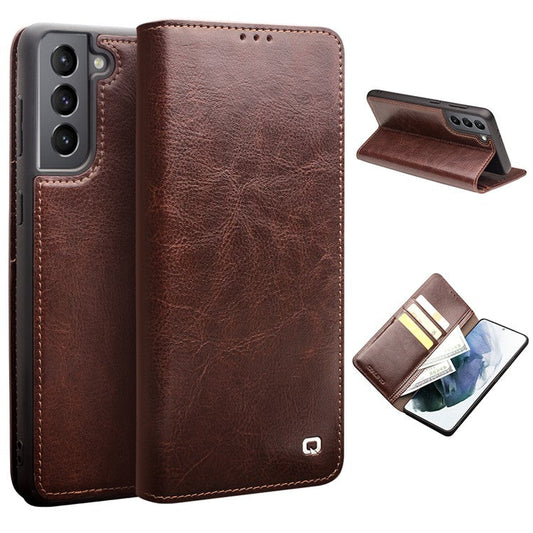 QIALINO For Samsung Galaxy S21 Plus 5G Wallet Design Folio Flip Genuine Leather Phone Cover - Brown