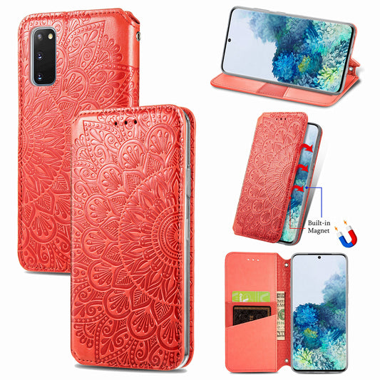 Imprinted Mandala Flower Pattern Auto-absorbed PU Leather Case Stand Wallet for Samsung Galaxy S20 4G/S20 5G - Red
