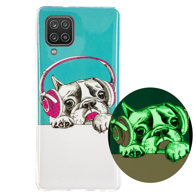 Unique Noctilucent IMD TPU Soft Phone Cover for Samsung Galaxy A12 - Dog With Headphones