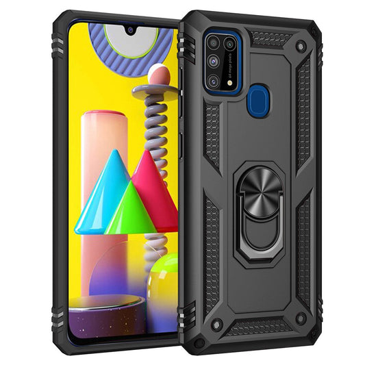 Hybrid Shockproof PC + TPU Phone Case Cover with Ring Kickstand for Samsung Galaxy M31 - Black