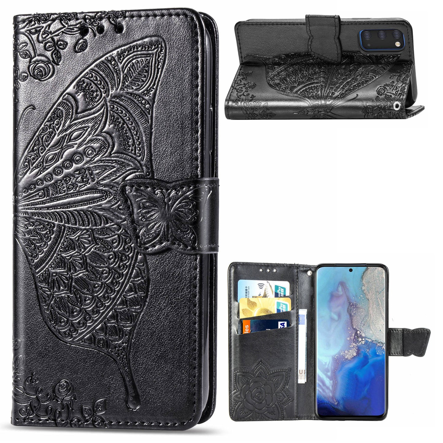 Imprint Big Butterfly Leather Wallet Phone Shell for Samsung Galaxy S20 4G/S20 5G - Black