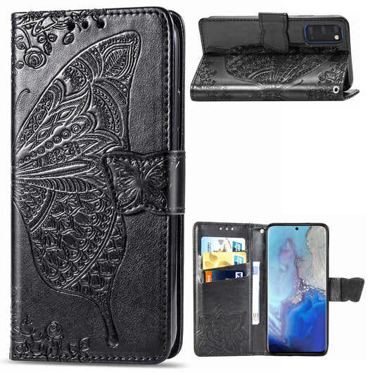 Imprint Big Butterfly Leather Wallet Phone Shell for Samsung Galaxy S20 4G/S20 5G - Black