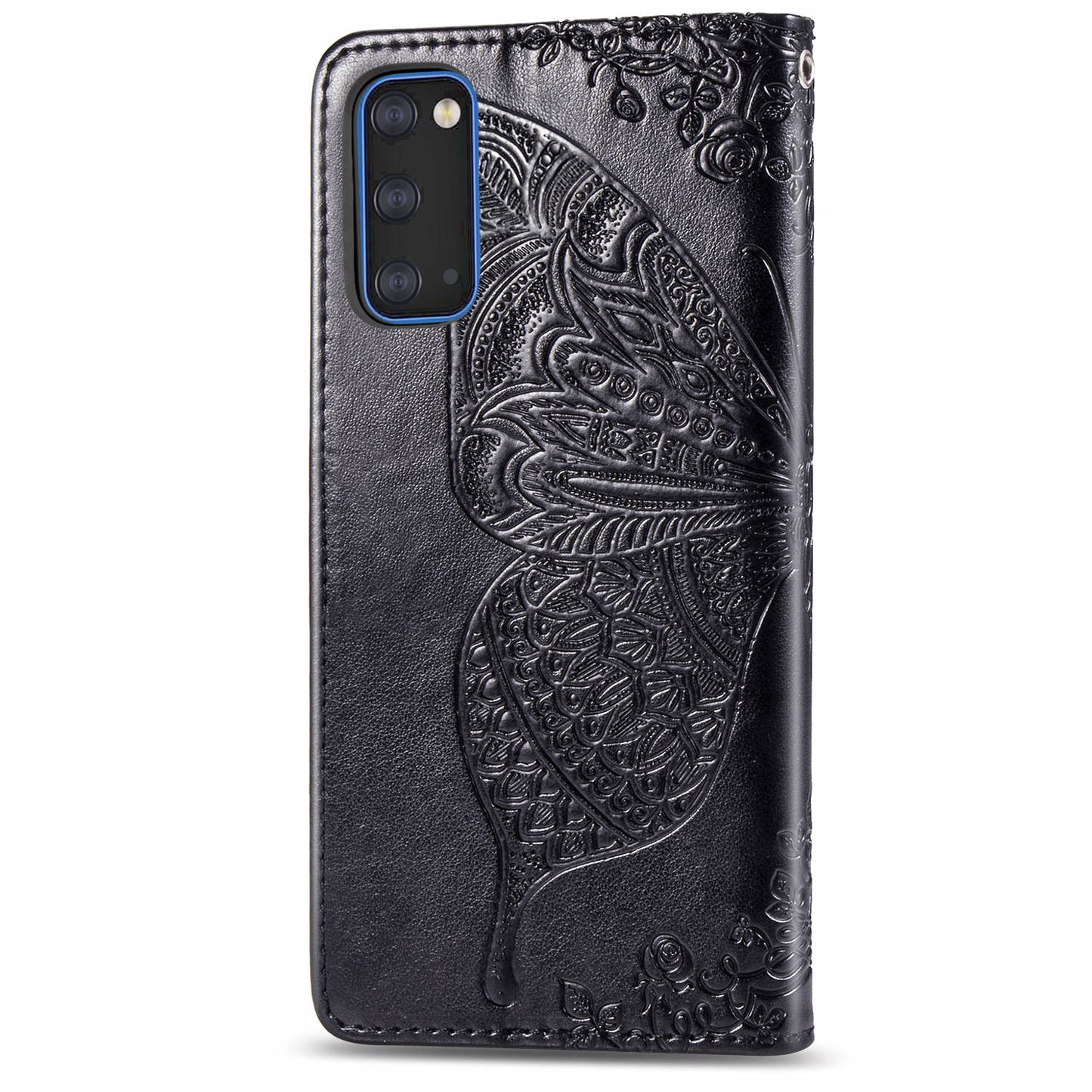 Imprint Big Butterfly Leather Wallet Phone Shell for Samsung Galaxy S20 4G/S20 5G - Black