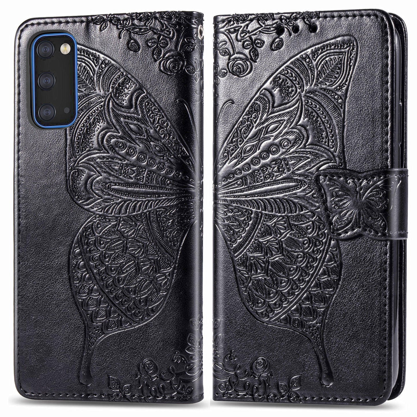 Imprint Big Butterfly Leather Wallet Phone Shell for Samsung Galaxy S20 4G/S20 5G - Black