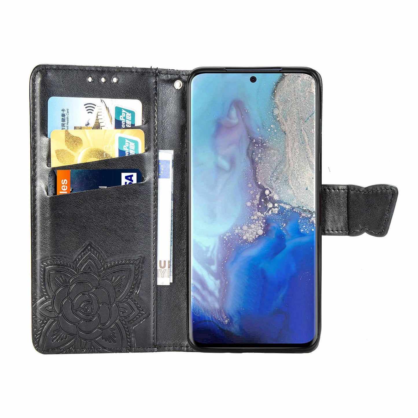 Imprint Big Butterfly Leather Wallet Phone Shell for Samsung Galaxy S20 4G/S20 5G - Black