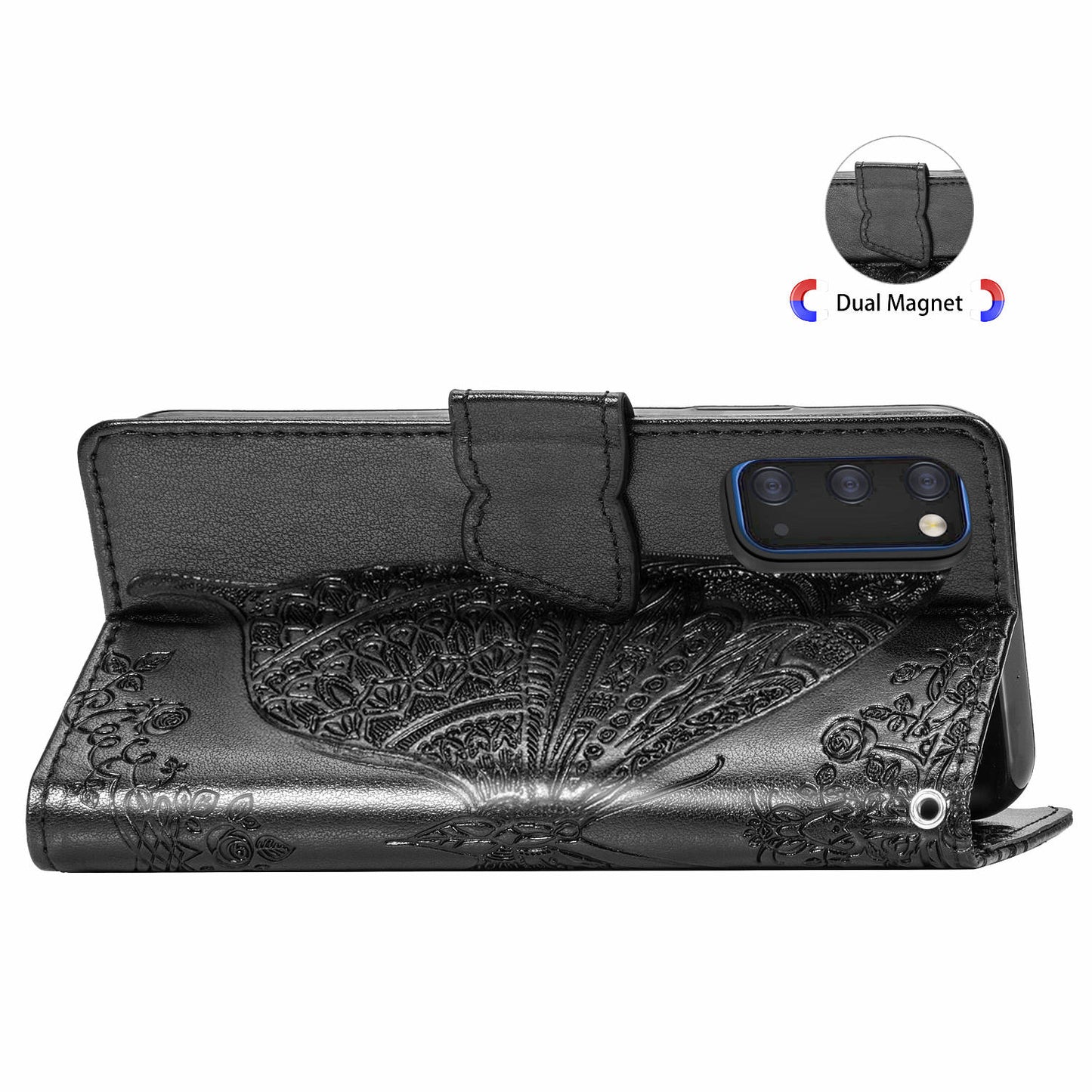 Imprint Big Butterfly Leather Wallet Phone Shell for Samsung Galaxy S20 4G/S20 5G - Black