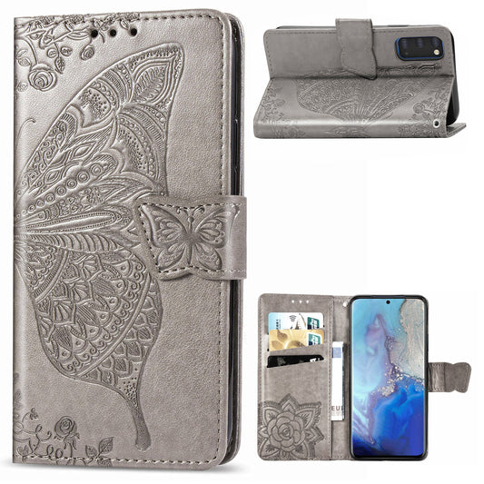 Imprint Big Butterfly Leather Wallet Phone Shell for Samsung Galaxy S20 4G/S20 5G - Grey