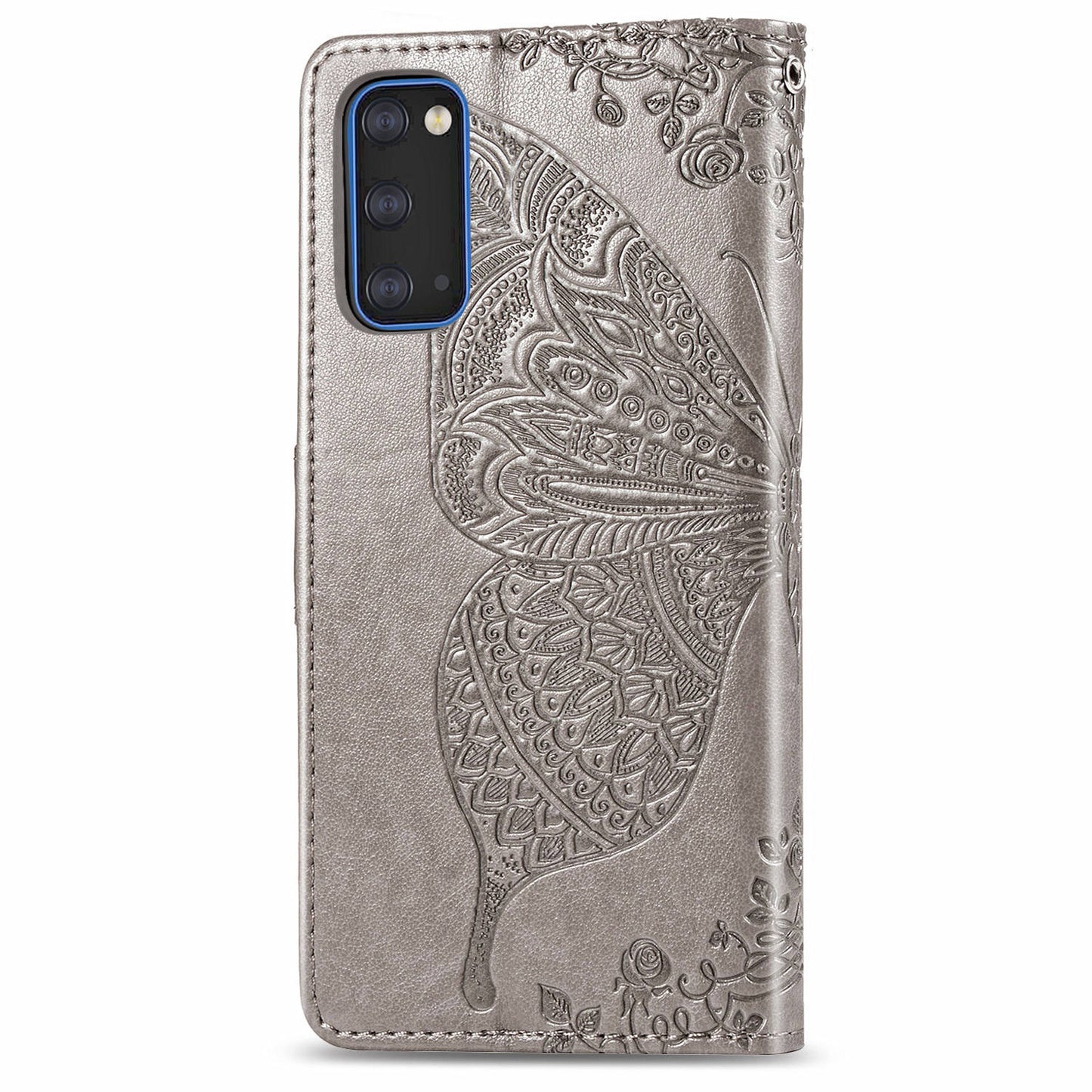 Imprint Big Butterfly Leather Wallet Phone Shell for Samsung Galaxy S20 4G/S20 5G - Grey