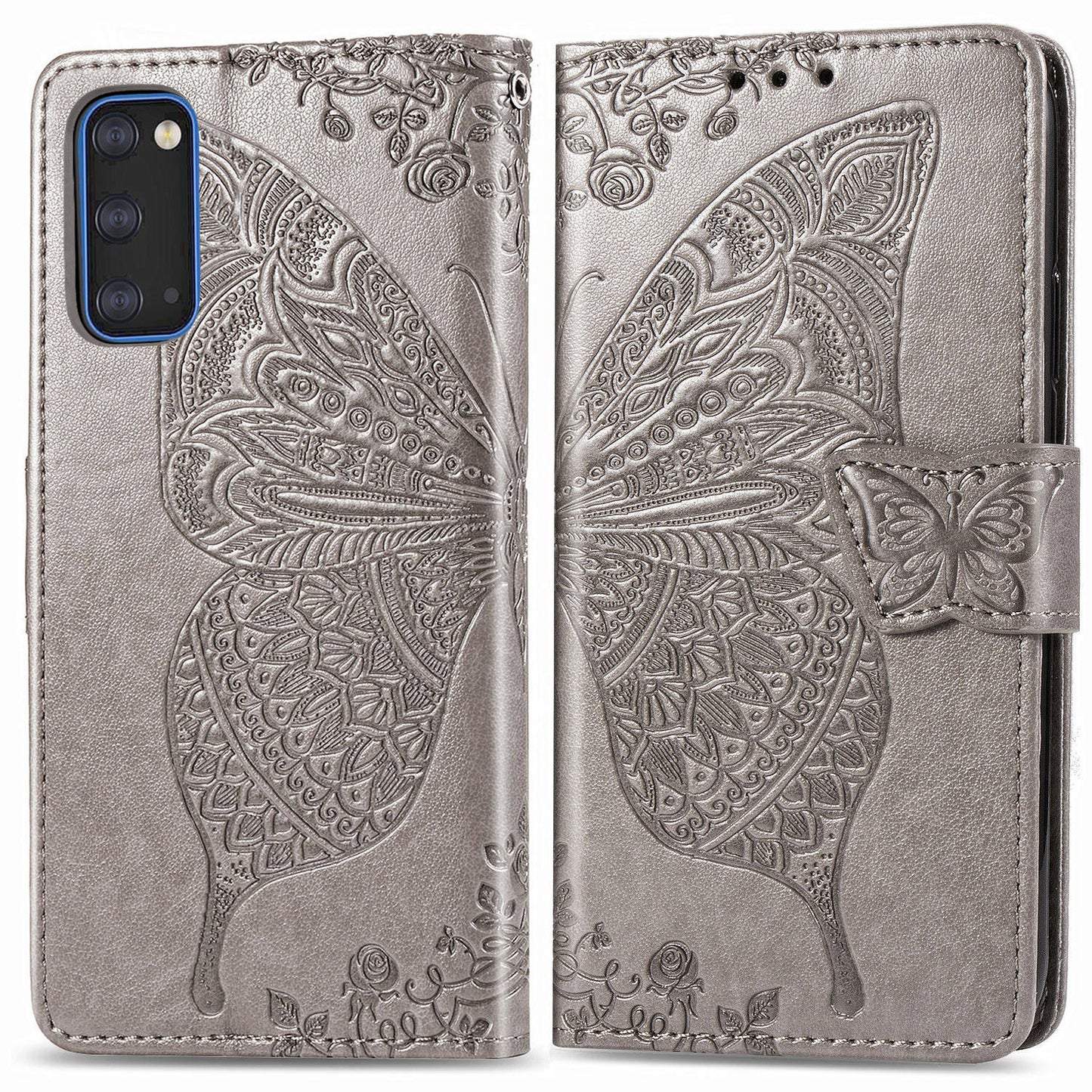 Imprint Big Butterfly Leather Wallet Phone Shell for Samsung Galaxy S20 4G/S20 5G - Grey