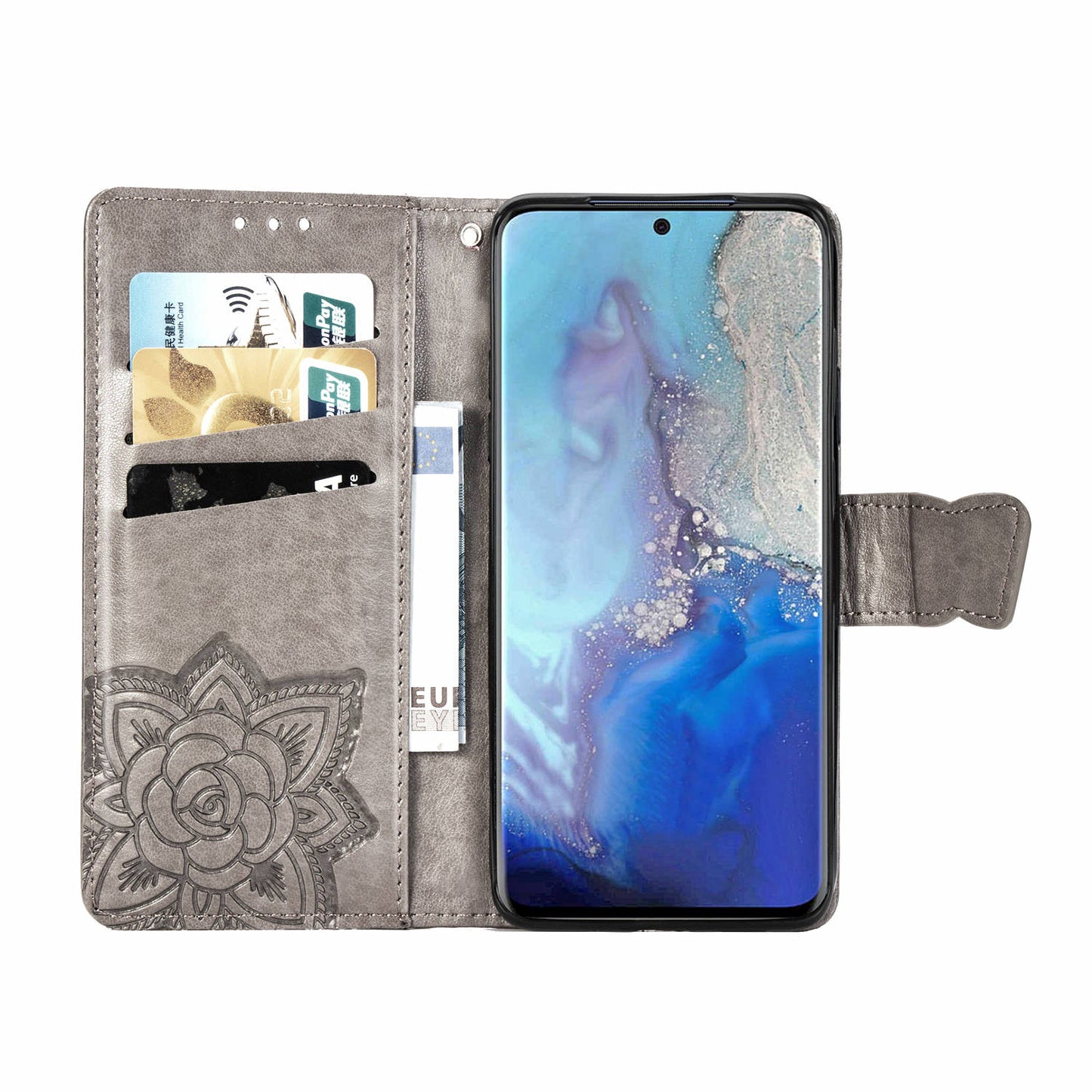 Imprint Big Butterfly Leather Wallet Phone Shell for Samsung Galaxy S20 4G/S20 5G - Grey