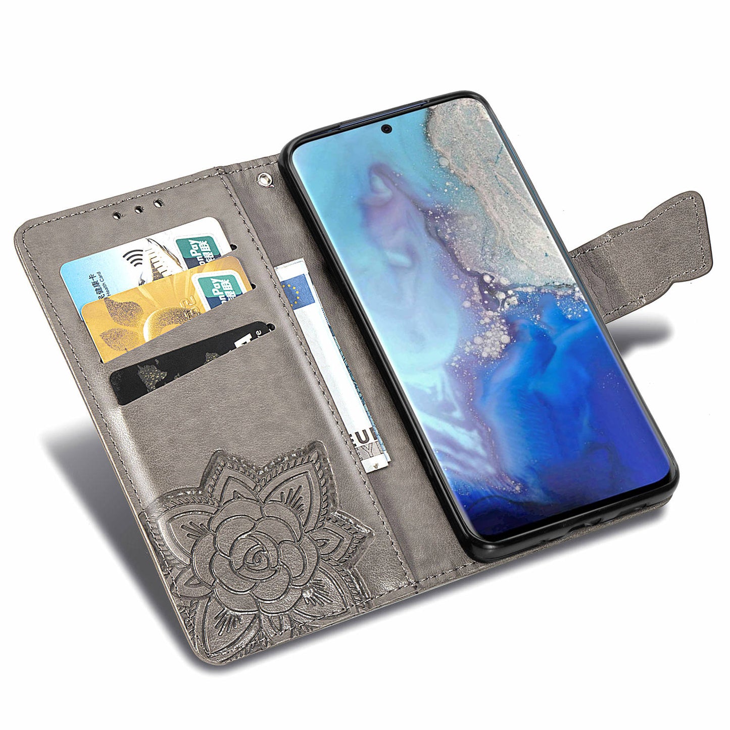 Imprint Big Butterfly Leather Wallet Phone Shell for Samsung Galaxy S20 4G/S20 5G - Grey