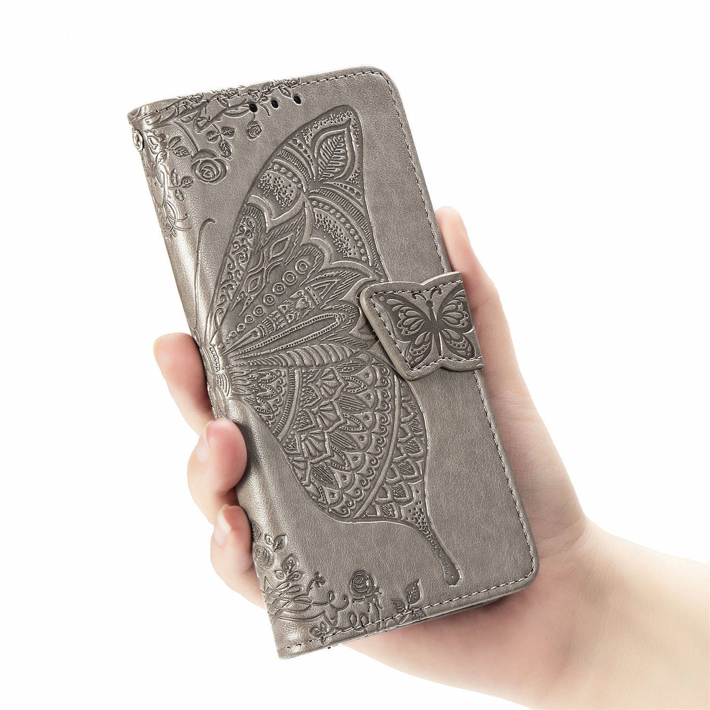 Imprint Big Butterfly Leather Wallet Phone Shell for Samsung Galaxy S20 4G/S20 5G - Grey