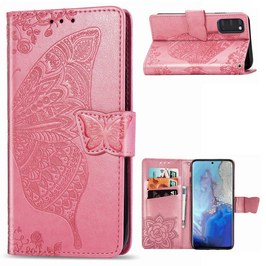 Imprint Big Butterfly Leather Wallet Phone Shell for Samsung Galaxy S20 4G/S20 5G - Pink