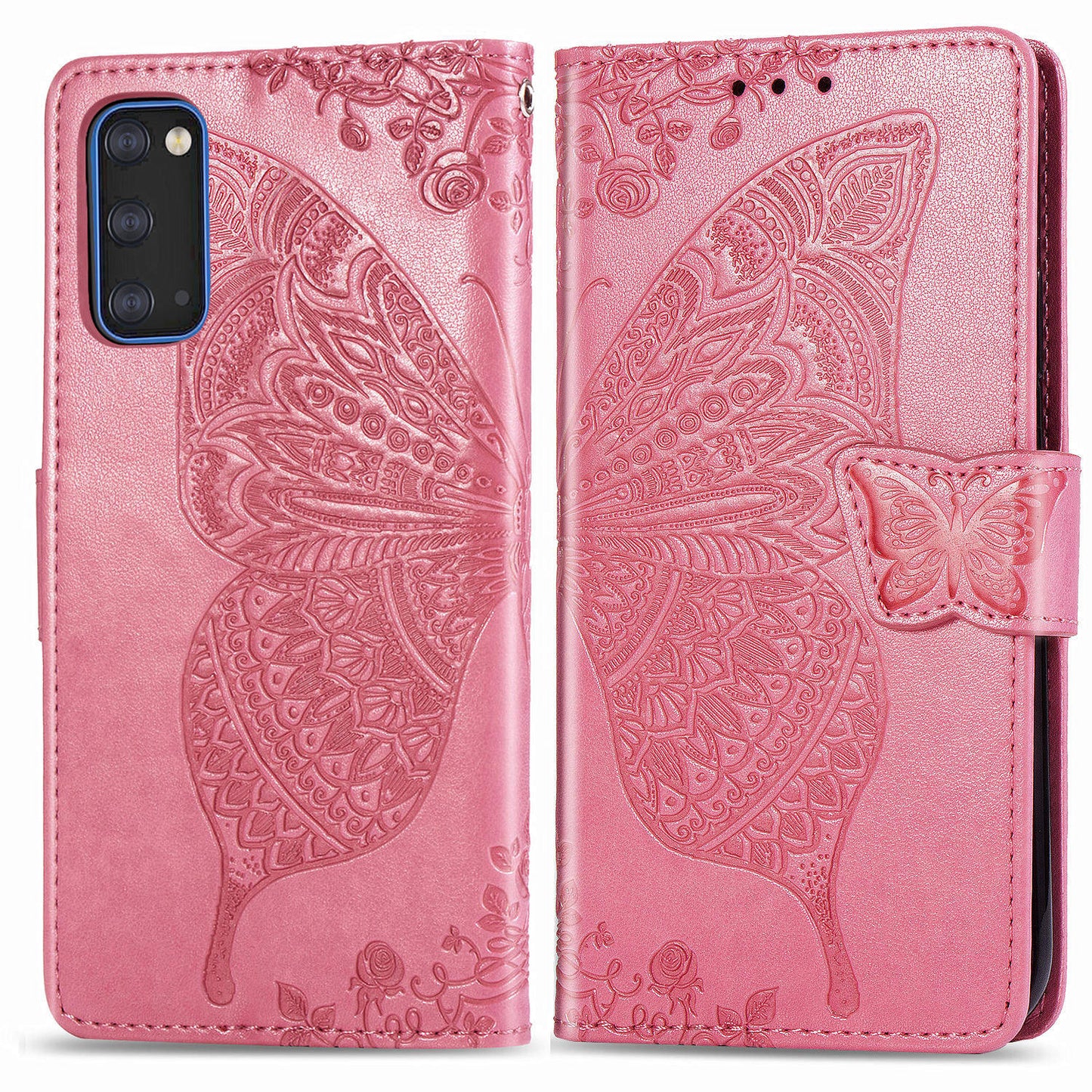 Imprint Big Butterfly Leather Wallet Phone Shell for Samsung Galaxy S20 4G/S20 5G - Pink