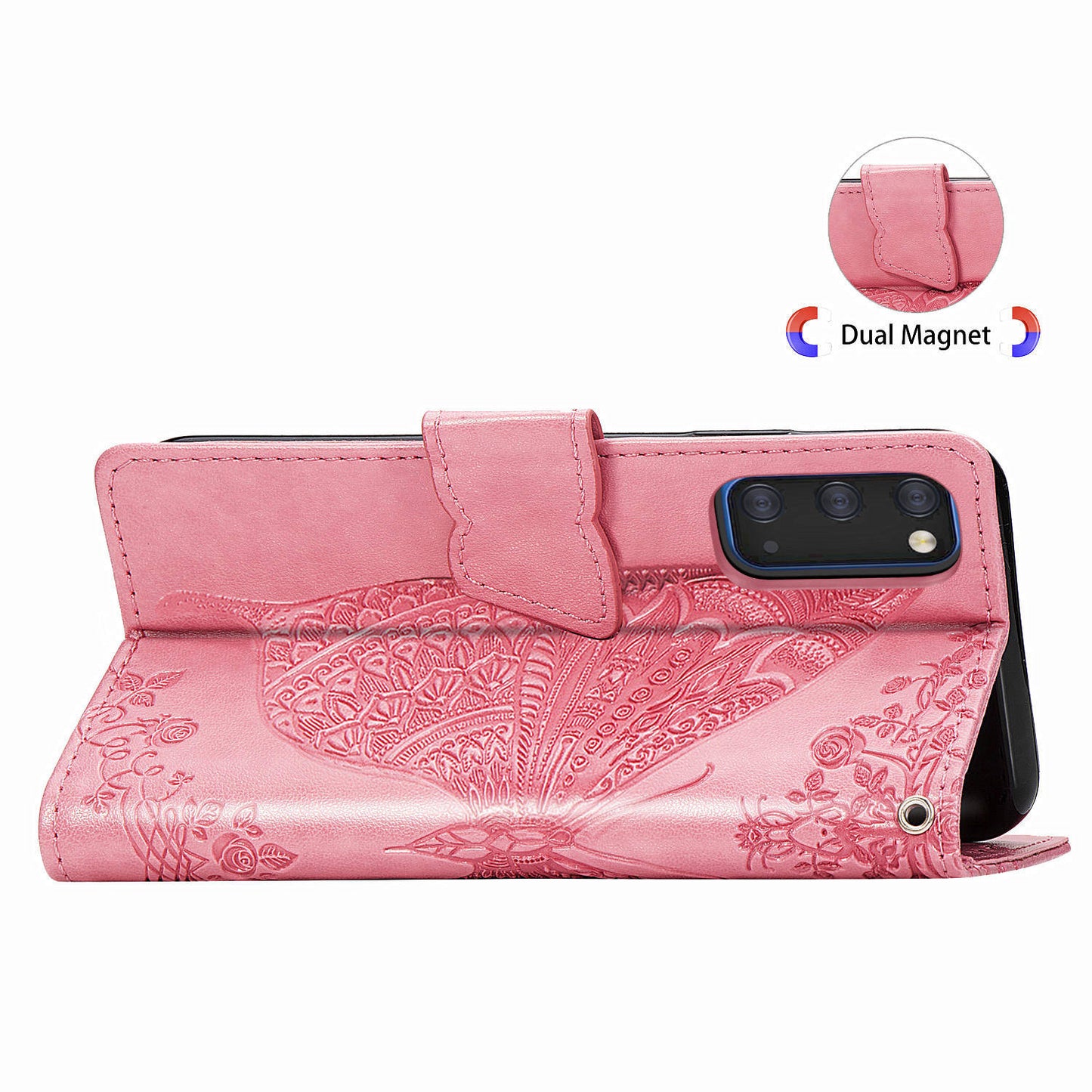 Imprint Big Butterfly Leather Wallet Phone Shell for Samsung Galaxy S20 4G/S20 5G - Pink