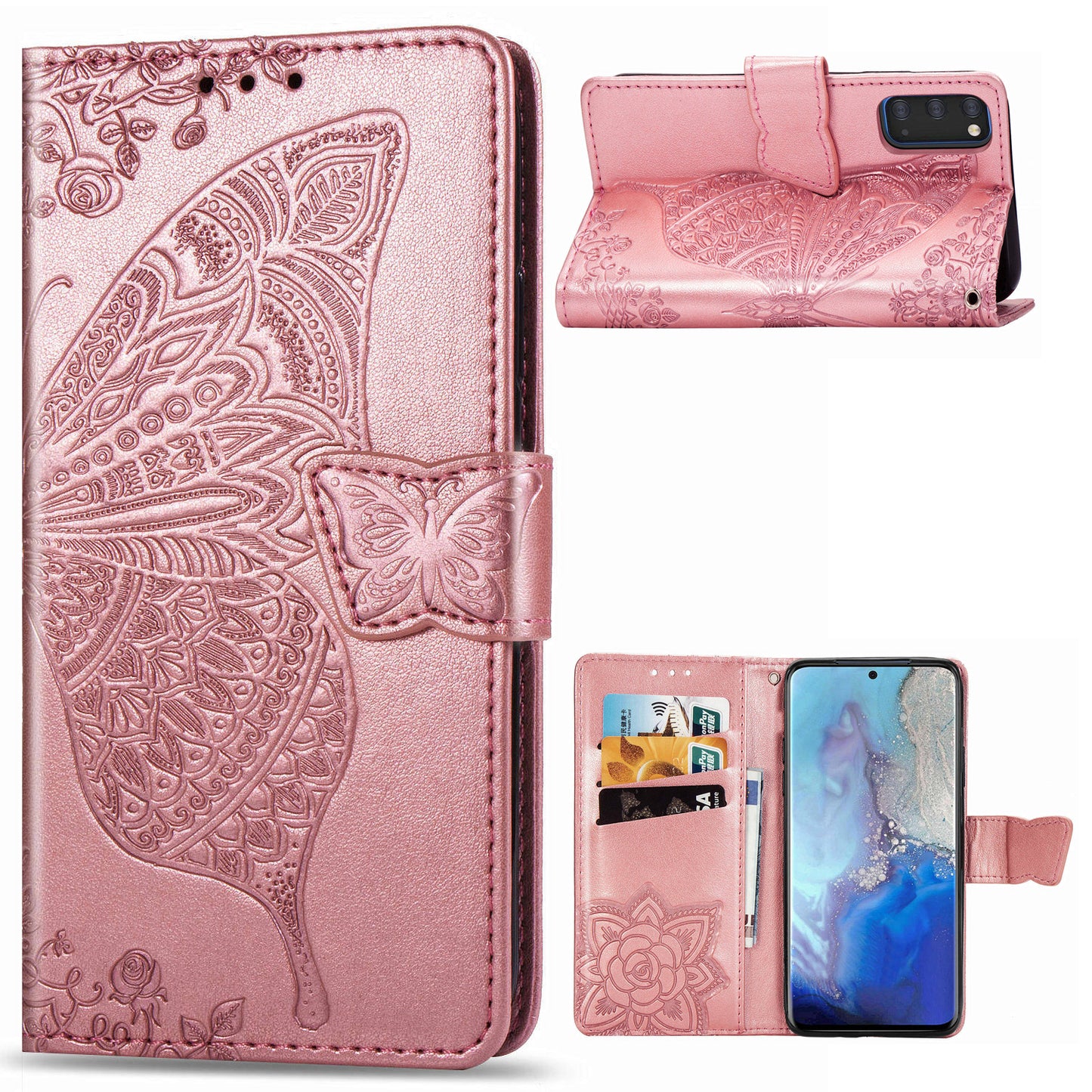 Imprint Big Butterfly Leather Wallet Phone Shell for Samsung Galaxy S20 4G/S20 5G - Rose Gold