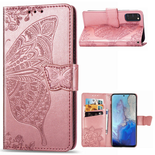 Imprint Big Butterfly Leather Wallet Phone Shell for Samsung Galaxy S20 4G/S20 5G - Rose Gold