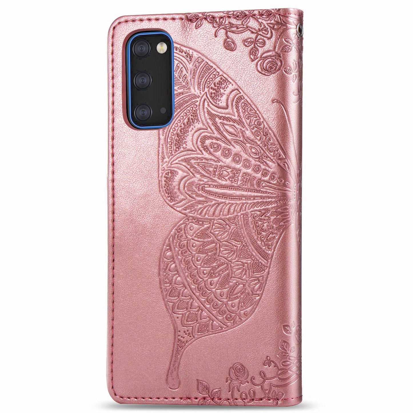 Imprint Big Butterfly Leather Wallet Phone Shell for Samsung Galaxy S20 4G/S20 5G - Rose Gold