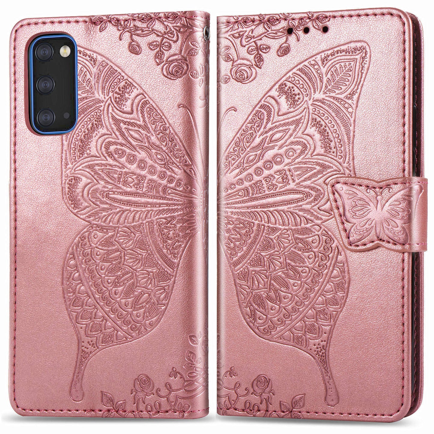 Imprint Big Butterfly Leather Wallet Phone Shell for Samsung Galaxy S20 4G/S20 5G - Rose Gold