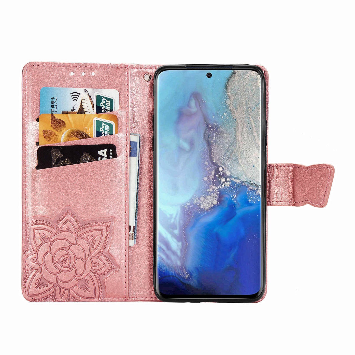 Imprint Big Butterfly Leather Wallet Phone Shell for Samsung Galaxy S20 4G/S20 5G - Rose Gold