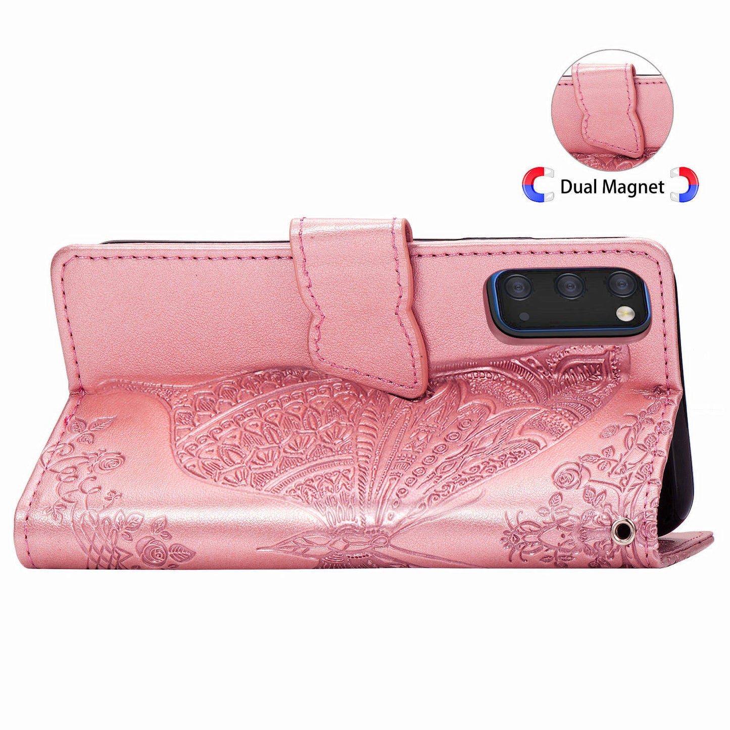 Imprint Big Butterfly Leather Wallet Phone Shell for Samsung Galaxy S20 4G/S20 5G - Rose Gold