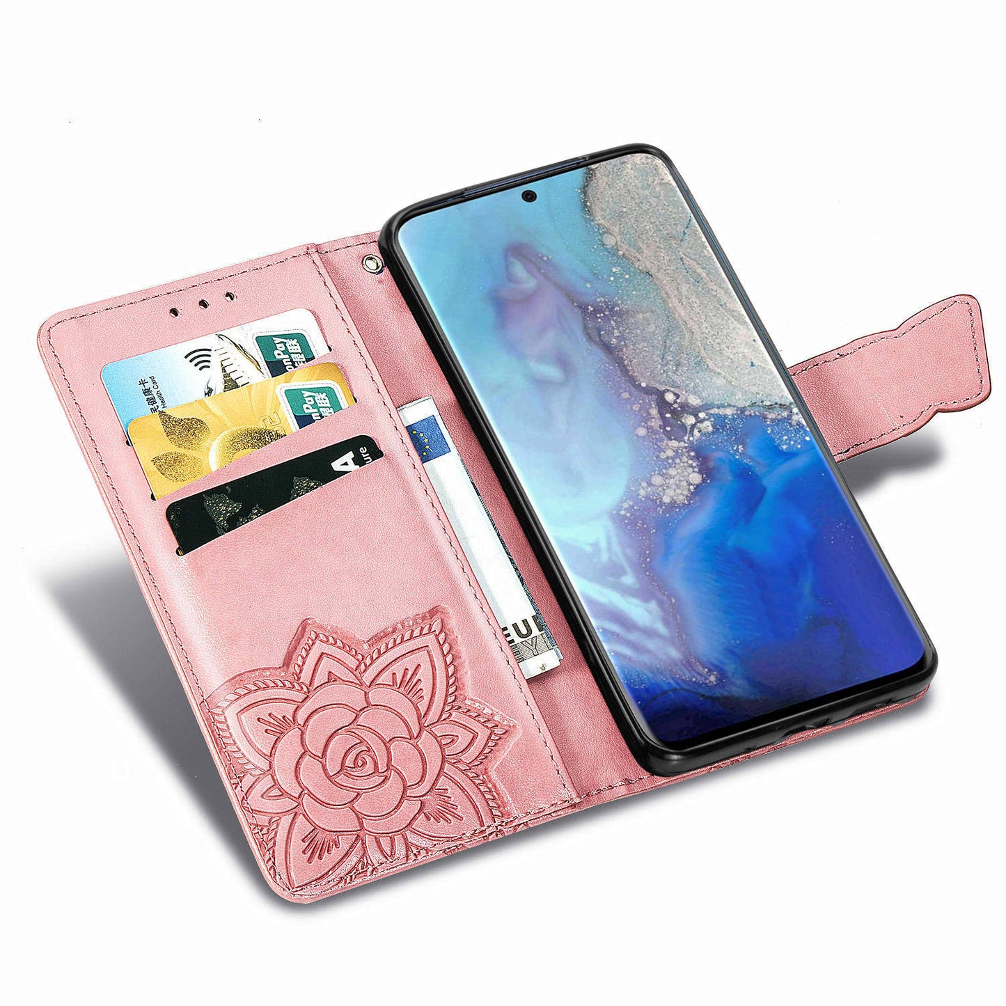 Imprint Big Butterfly Leather Wallet Phone Shell for Samsung Galaxy S20 4G/S20 5G - Rose Gold