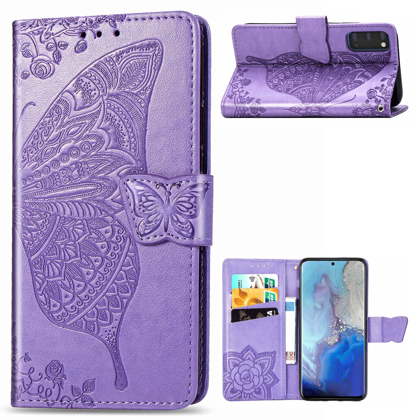 Imprint Big Butterfly Leather Wallet Phone Shell for Samsung Galaxy S20 4G/S20 5G - Light Purple