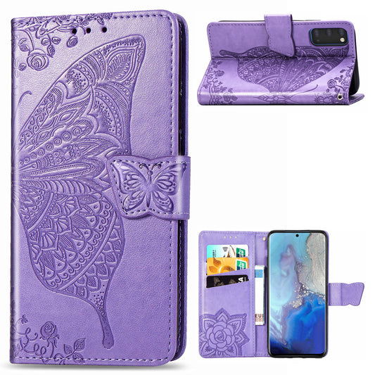 Imprint Big Butterfly Leather Wallet Phone Shell for Samsung Galaxy S20 4G/S20 5G - Light Purple