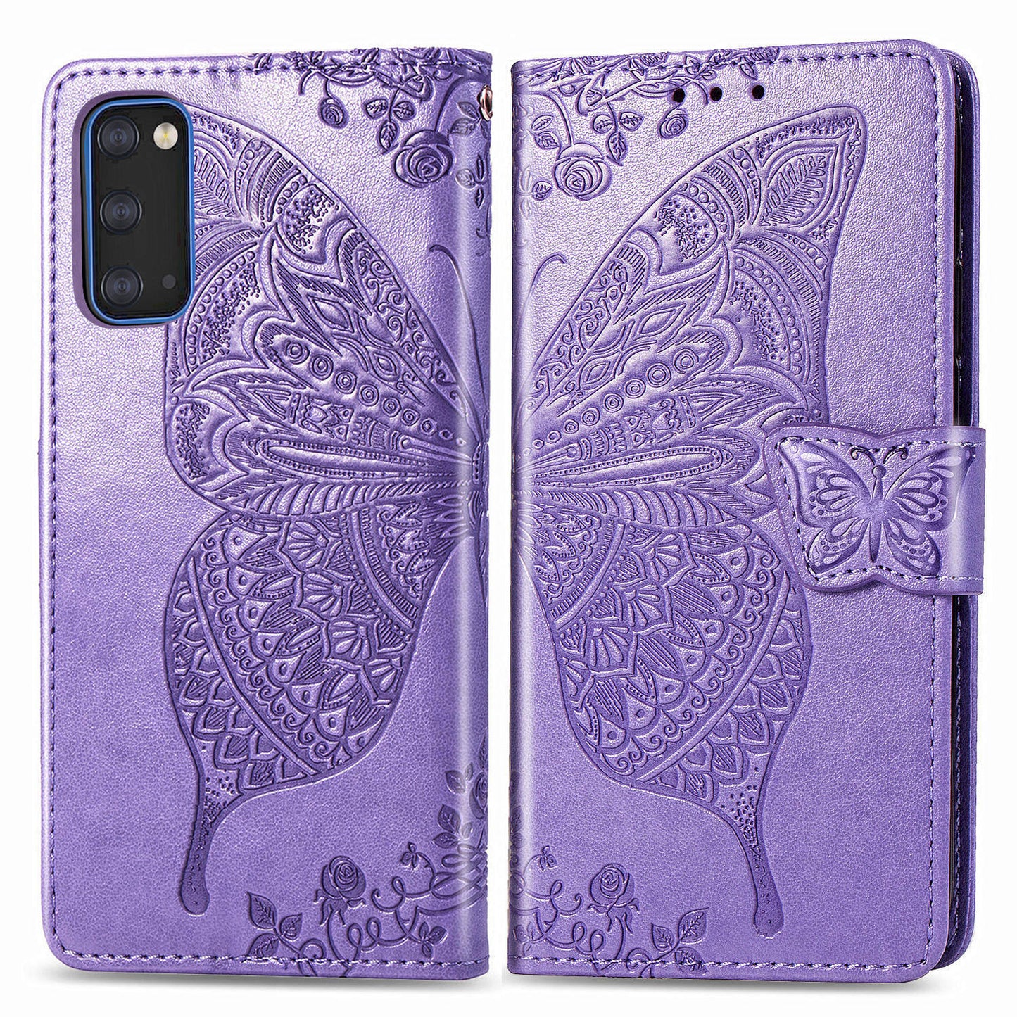 Imprint Big Butterfly Leather Wallet Phone Shell for Samsung Galaxy S20 4G/S20 5G - Light Purple