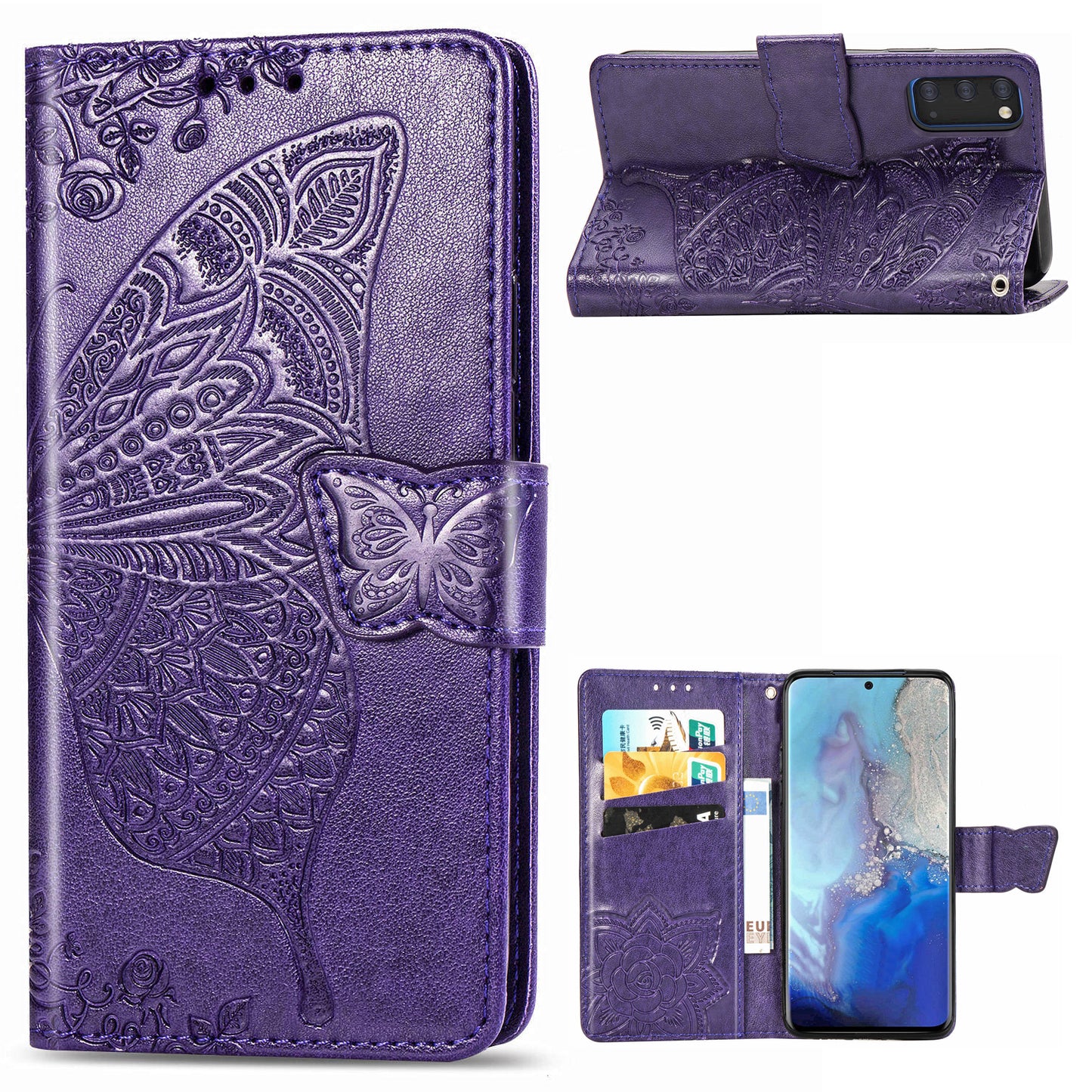 Imprint Big Butterfly Leather Wallet Phone Shell for Samsung Galaxy S20 4G/S20 5G - Dark Purple
