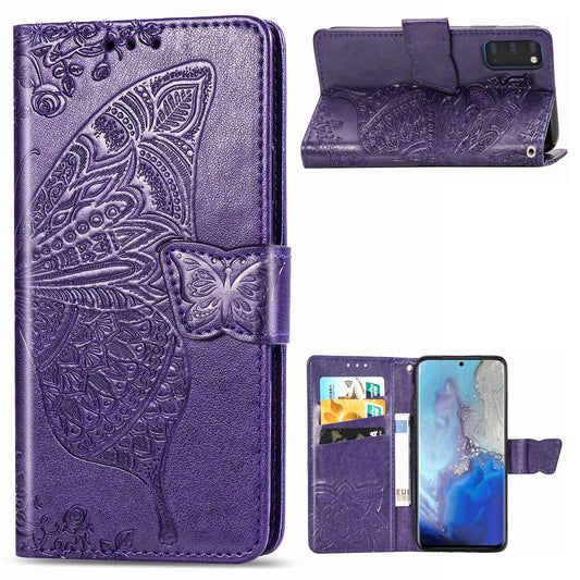 Imprint Big Butterfly Leather Wallet Phone Shell for Samsung Galaxy S20 4G/S20 5G - Dark Purple
