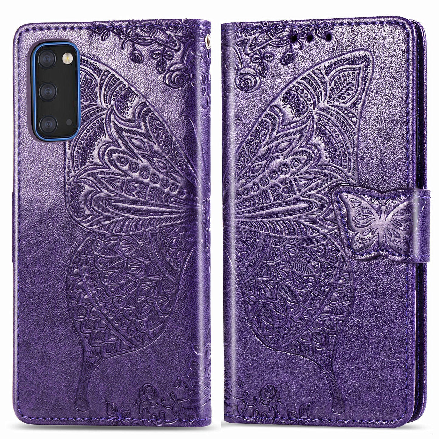 Imprint Big Butterfly Leather Wallet Phone Shell for Samsung Galaxy S20 4G/S20 5G - Dark Purple