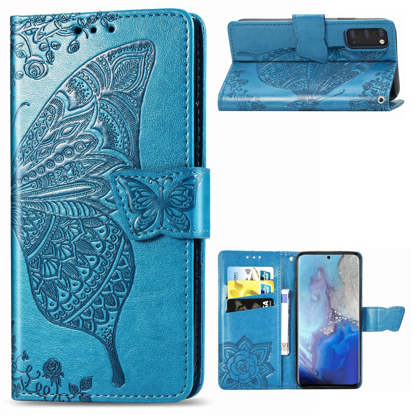 Imprint Big Butterfly Leather Wallet Phone Shell for Samsung Galaxy S20 4G/S20 5G - Blue
