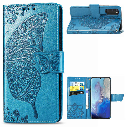Imprint Big Butterfly Leather Wallet Phone Shell for Samsung Galaxy S20 4G/S20 5G - Blue