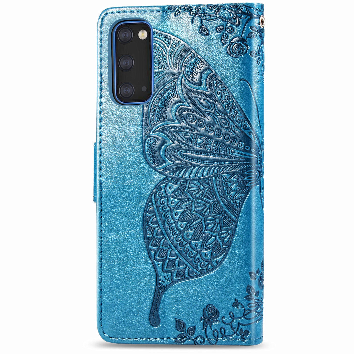 Imprint Big Butterfly Leather Wallet Phone Shell for Samsung Galaxy S20 4G/S20 5G - Blue