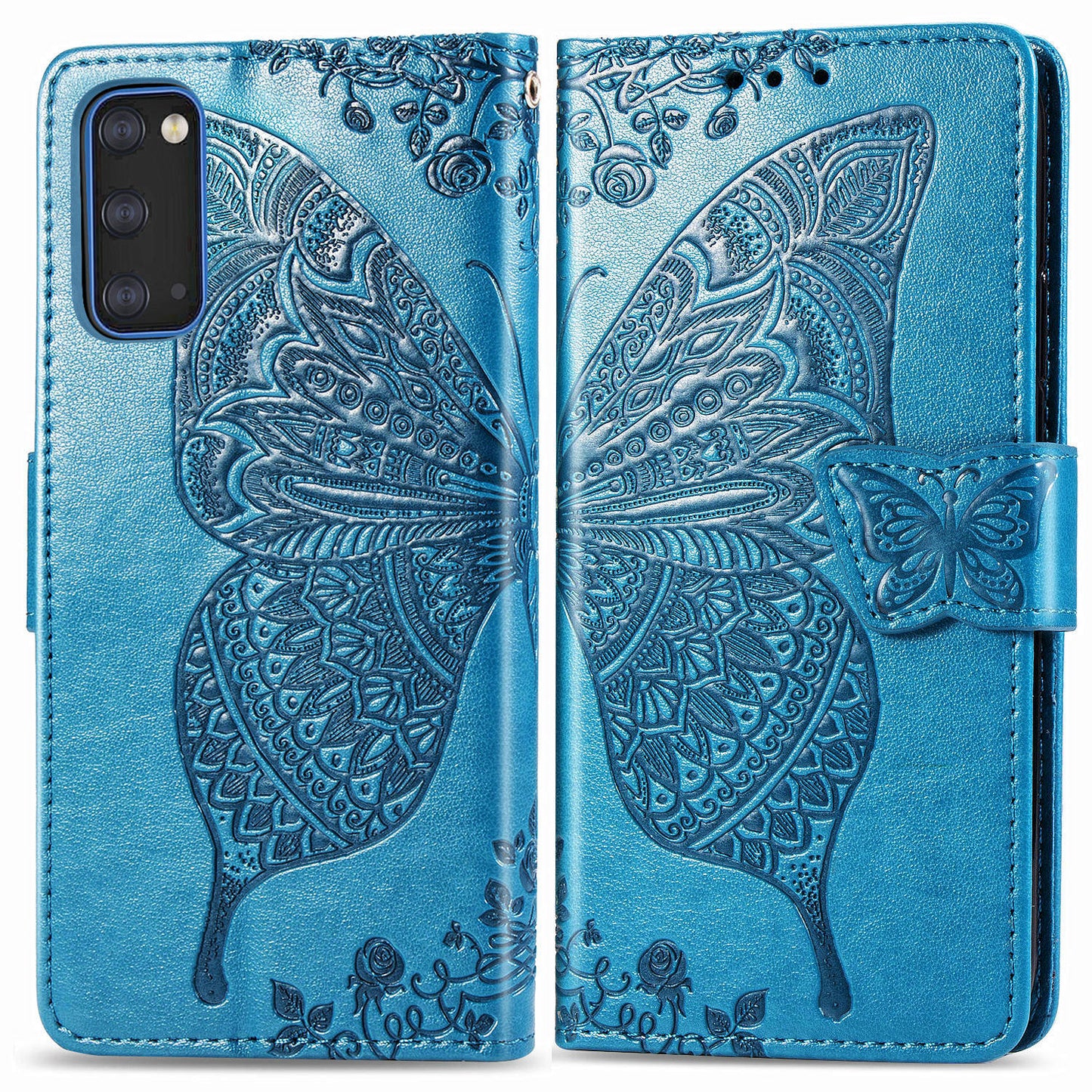 Imprint Big Butterfly Leather Wallet Phone Shell for Samsung Galaxy S20 4G/S20 5G - Blue