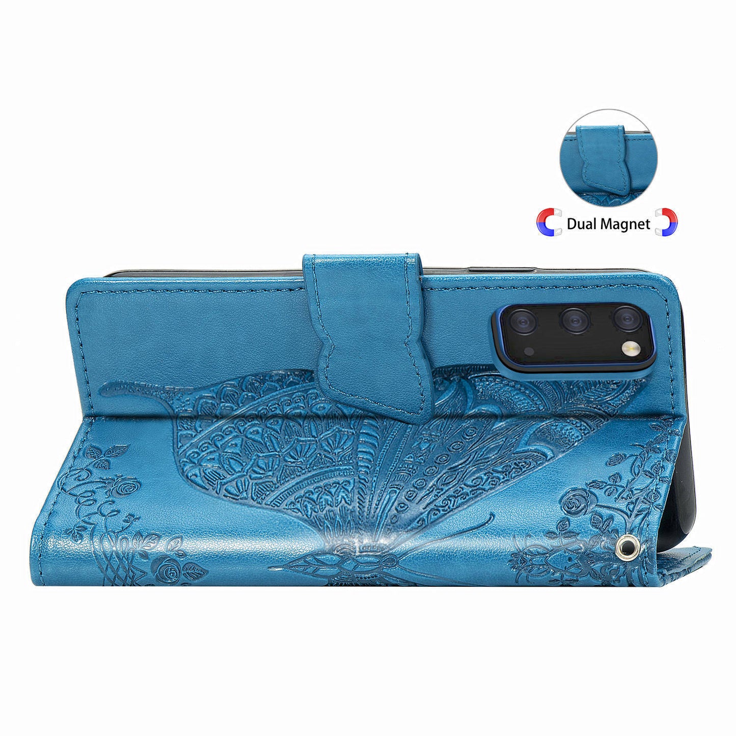 Imprint Big Butterfly Leather Wallet Phone Shell for Samsung Galaxy S20 4G/S20 5G - Blue