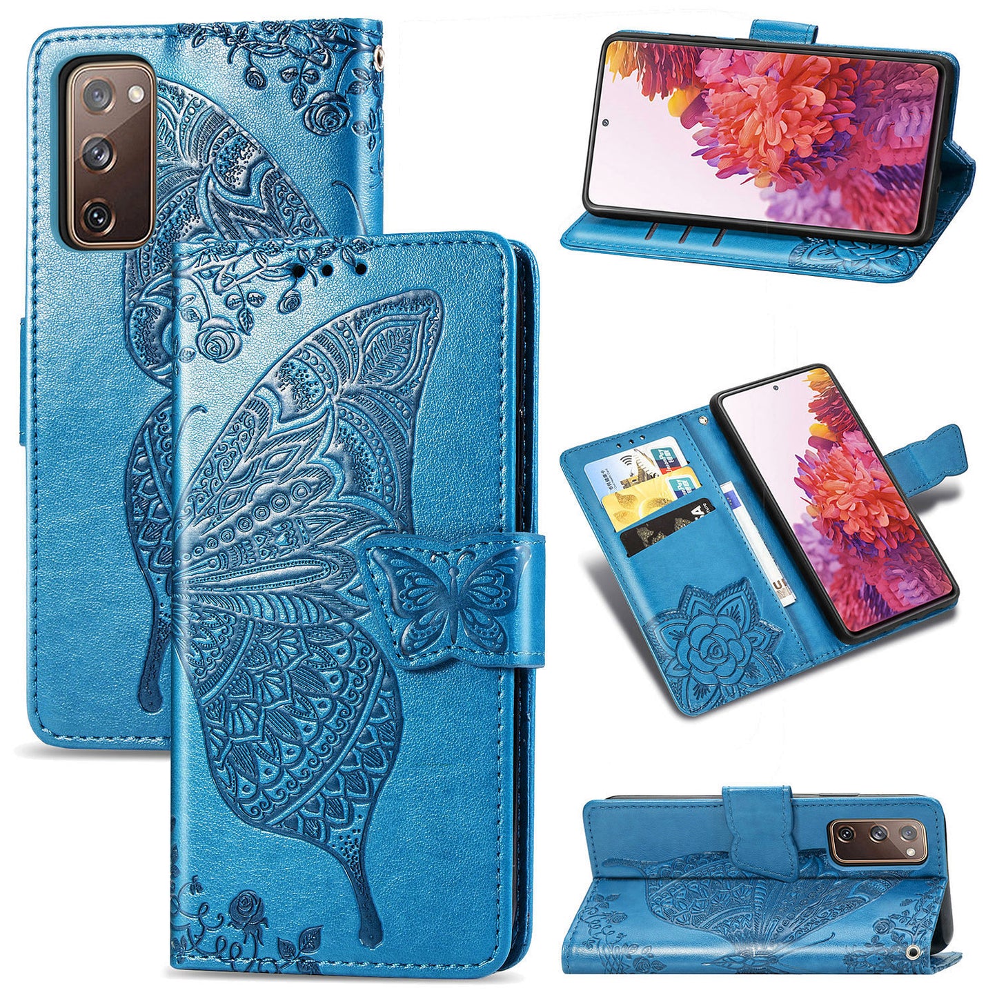 Imprint Big Butterfly Leather Wallet Phone Shell for Samsung Galaxy S20 FE 4G/FE 5G/S20 Lite/S20 FE 2022  - Blue