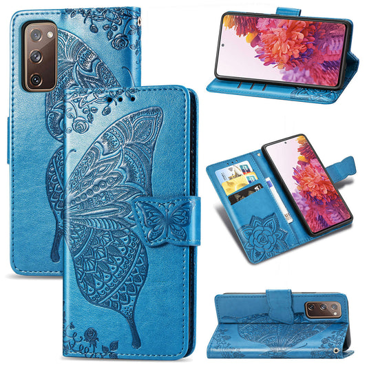 Imprint Big Butterfly Leather Wallet Phone Shell for Samsung Galaxy S20 FE 4G/FE 5G/S20 Lite/S20 FE 2022  - Blue