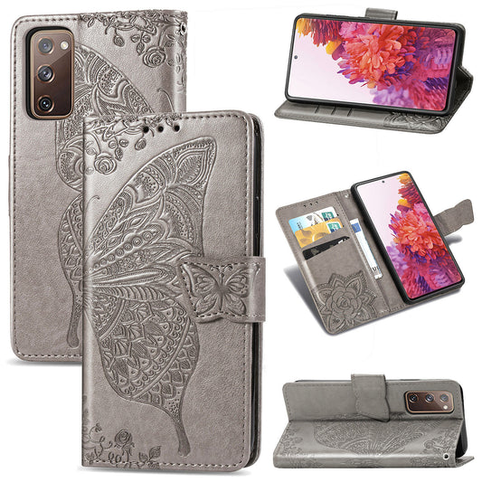 Imprint Big Butterfly Leather Wallet Phone Shell for Samsung Galaxy S20 FE 4G/FE 5G/S20 Lite/S20 FE 2022  - Grey