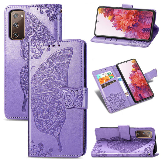 Imprint Big Butterfly Leather Wallet Phone Shell for Samsung Galaxy S20 FE 4G/FE 5G/S20 Lite/S20 FE 2022  - Light Purple