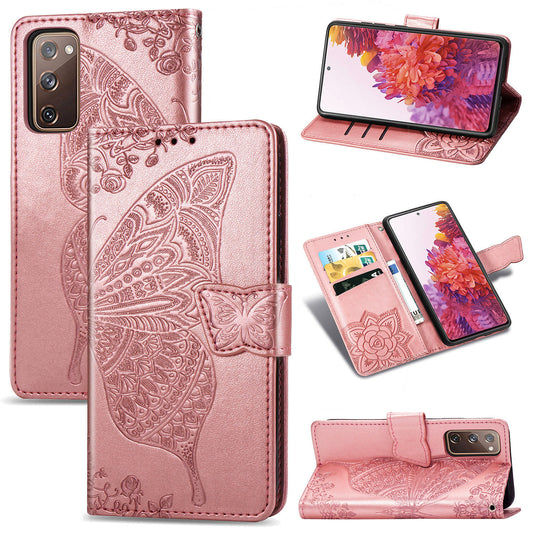 Imprint Big Butterfly Leather Wallet Phone Shell for Samsung Galaxy S20 FE 4G/FE 5G/S20 Lite/S20 FE 2022  - Rose Gold