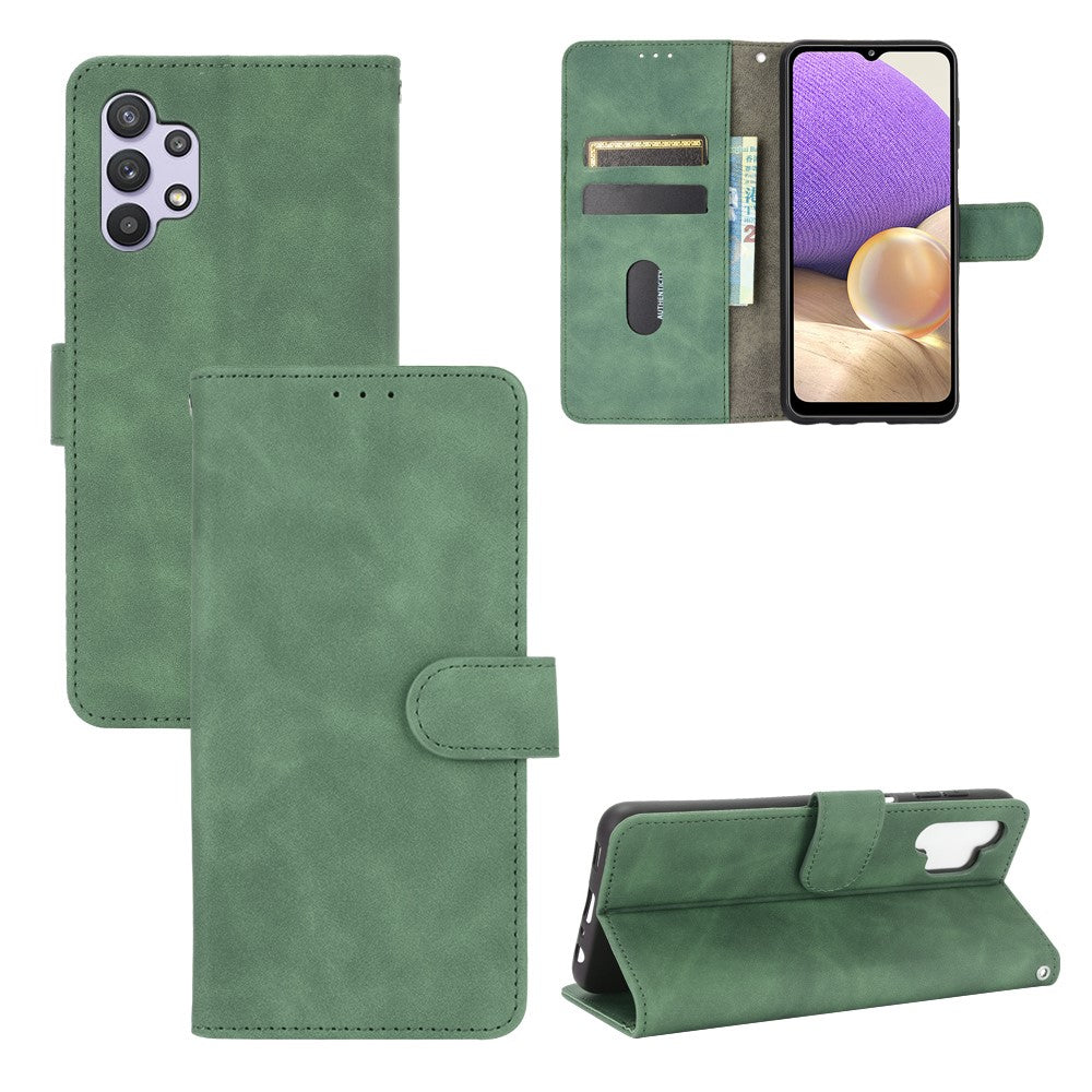 Skin-touch Protective Leather Flip Shell for Samsung Galaxy A32 5G/M32 5G Wallet Stand Cover - Green