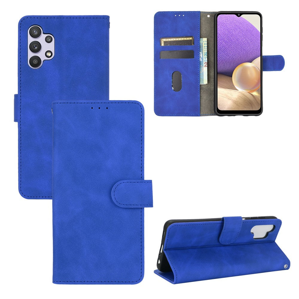 Skin-touch Protective Leather Flip Shell for Samsung Galaxy A32 5G Wallet Stand Cover - Blue