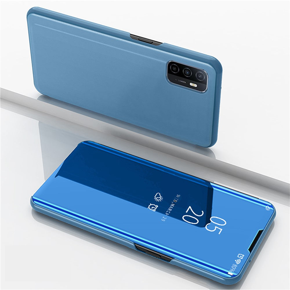 View Window Electroplated Mirror Surface Leather Shell Case with Stand for Samsung Galaxy A32 5G/M32 5G - Baby Blue