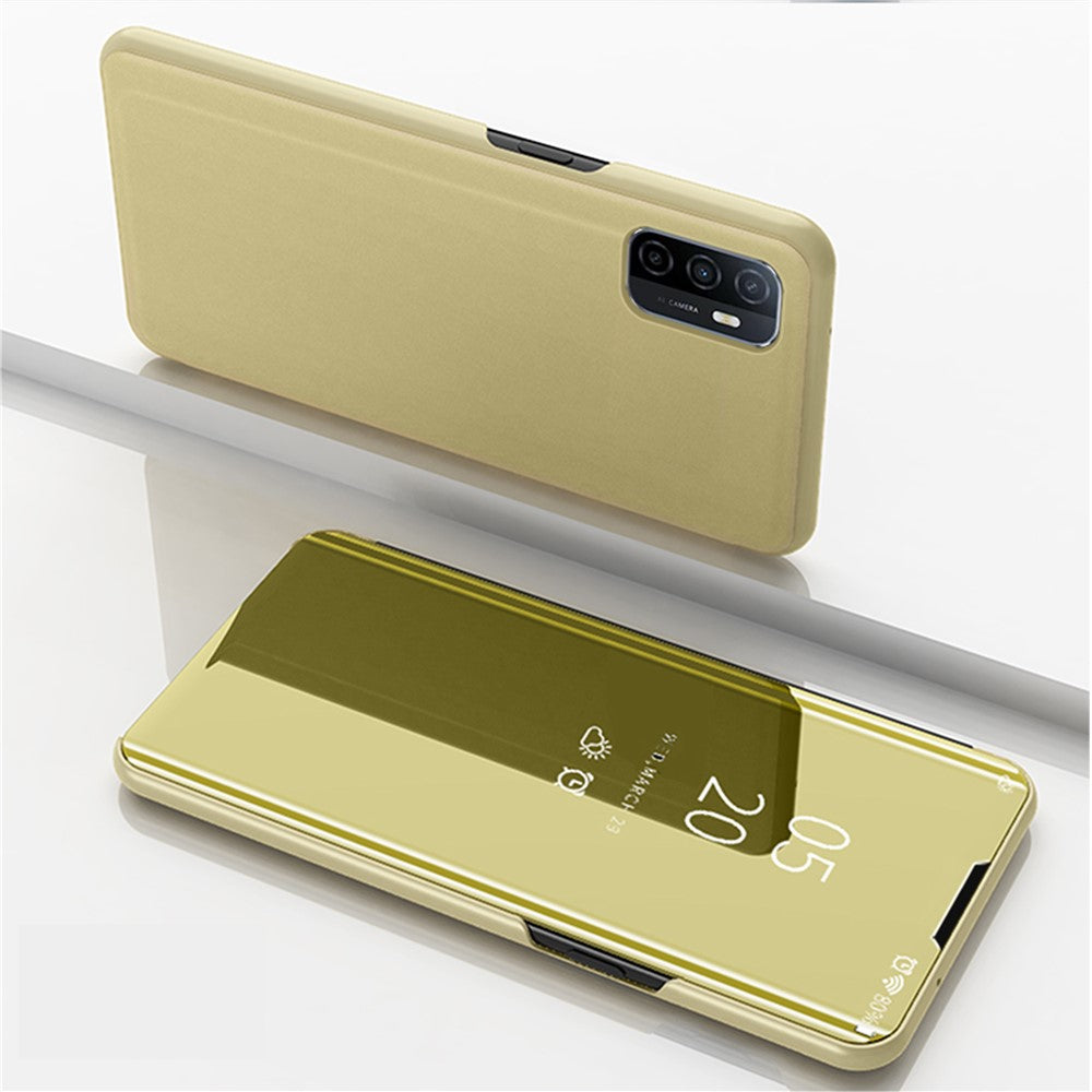 View Window Electroplated Mirror Surface Leather Shell Case with Stand for Samsung Galaxy A32 5G/M32 5G - Gold