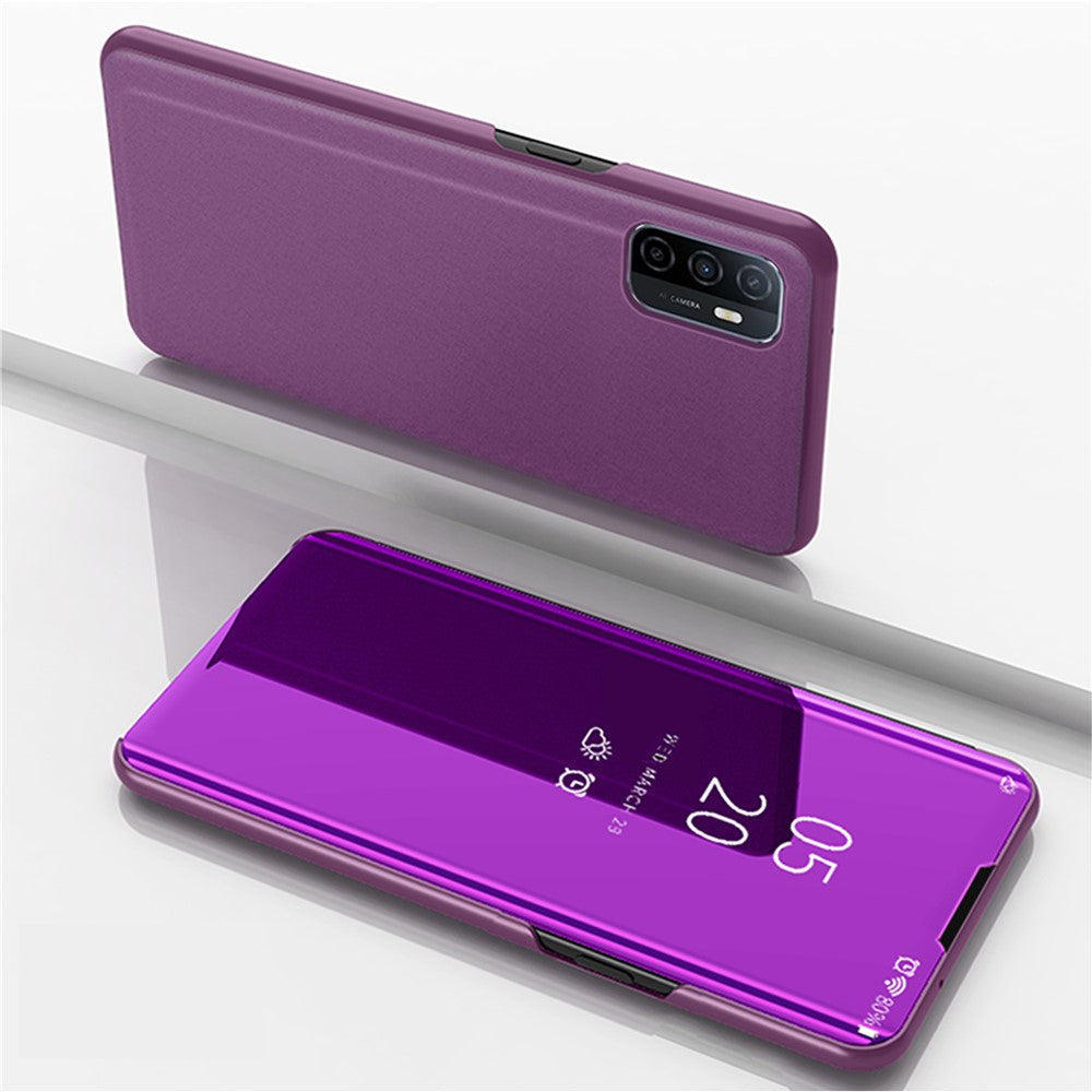 View Window Electroplated Mirror Surface Leather Shell Case with Stand for Samsung Galaxy A32 5G/M32 5G - Purple