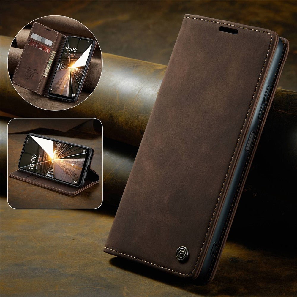 CASEME 013 Series Simple Design Automatic Suction Leather Wallet Case for Samsung Galaxy A32 5G/M32 5G - Coffee